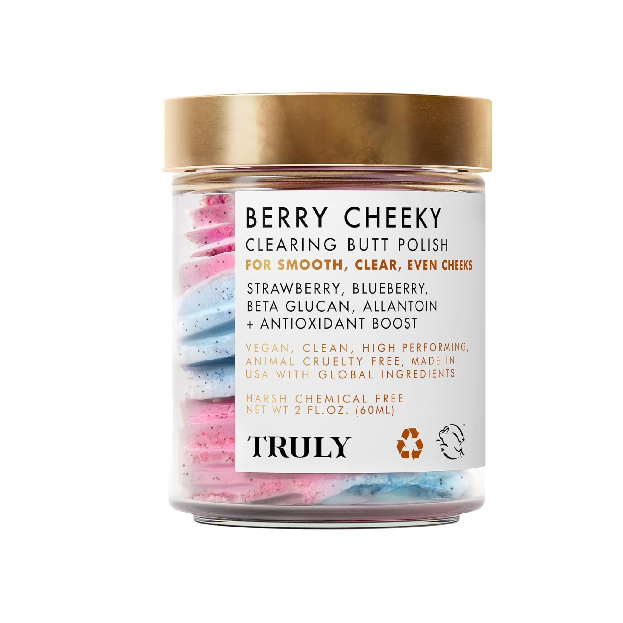 Glasbehälter mit rosa und blauem Produkt. Produktetikett mit Text. Goldfarbener Deckel.