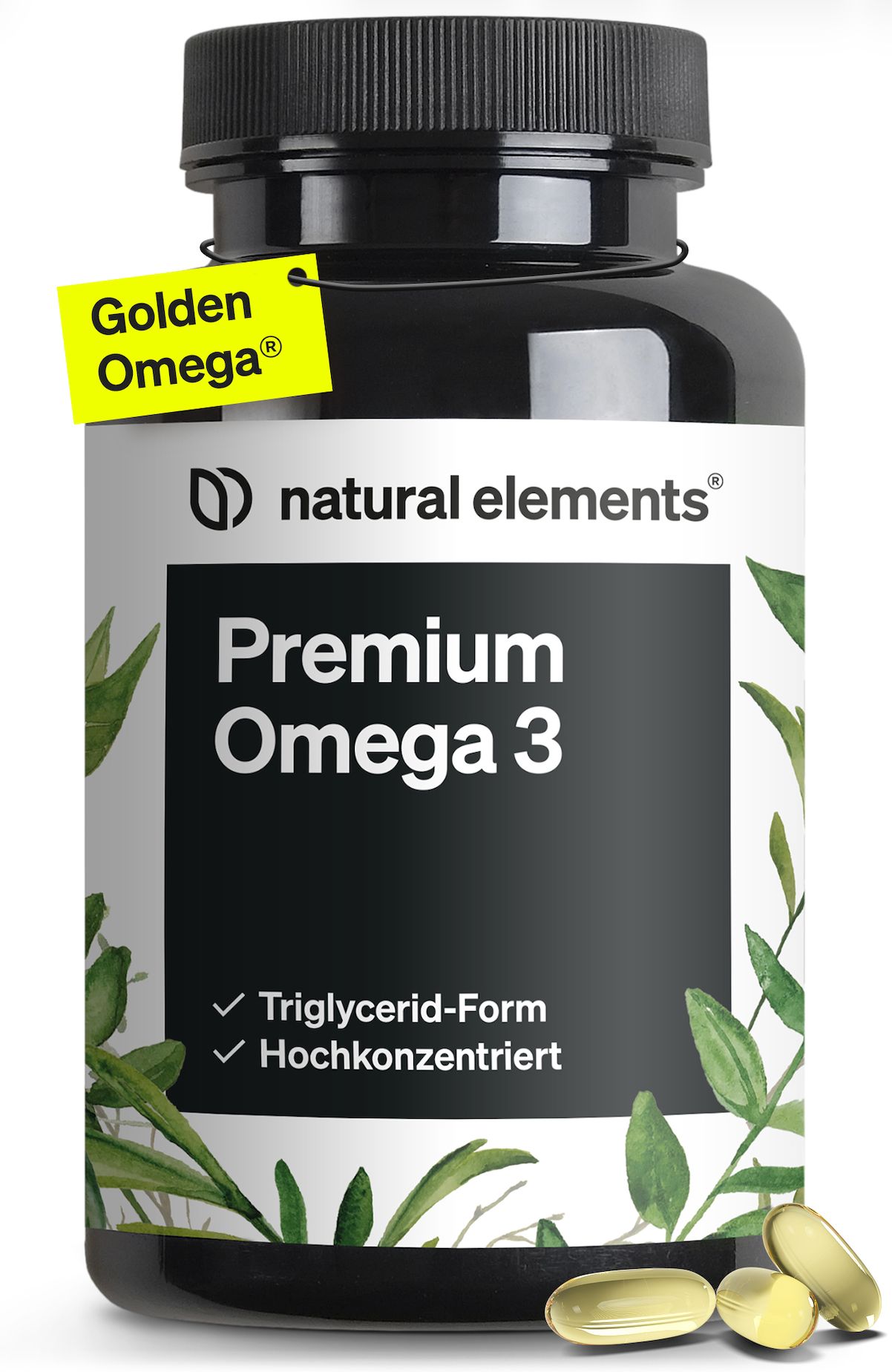 Schwarze Flasche mit Kapseln. Aufschrift: natural elements Premium Omega 3. Anhänger: Golden Omega.