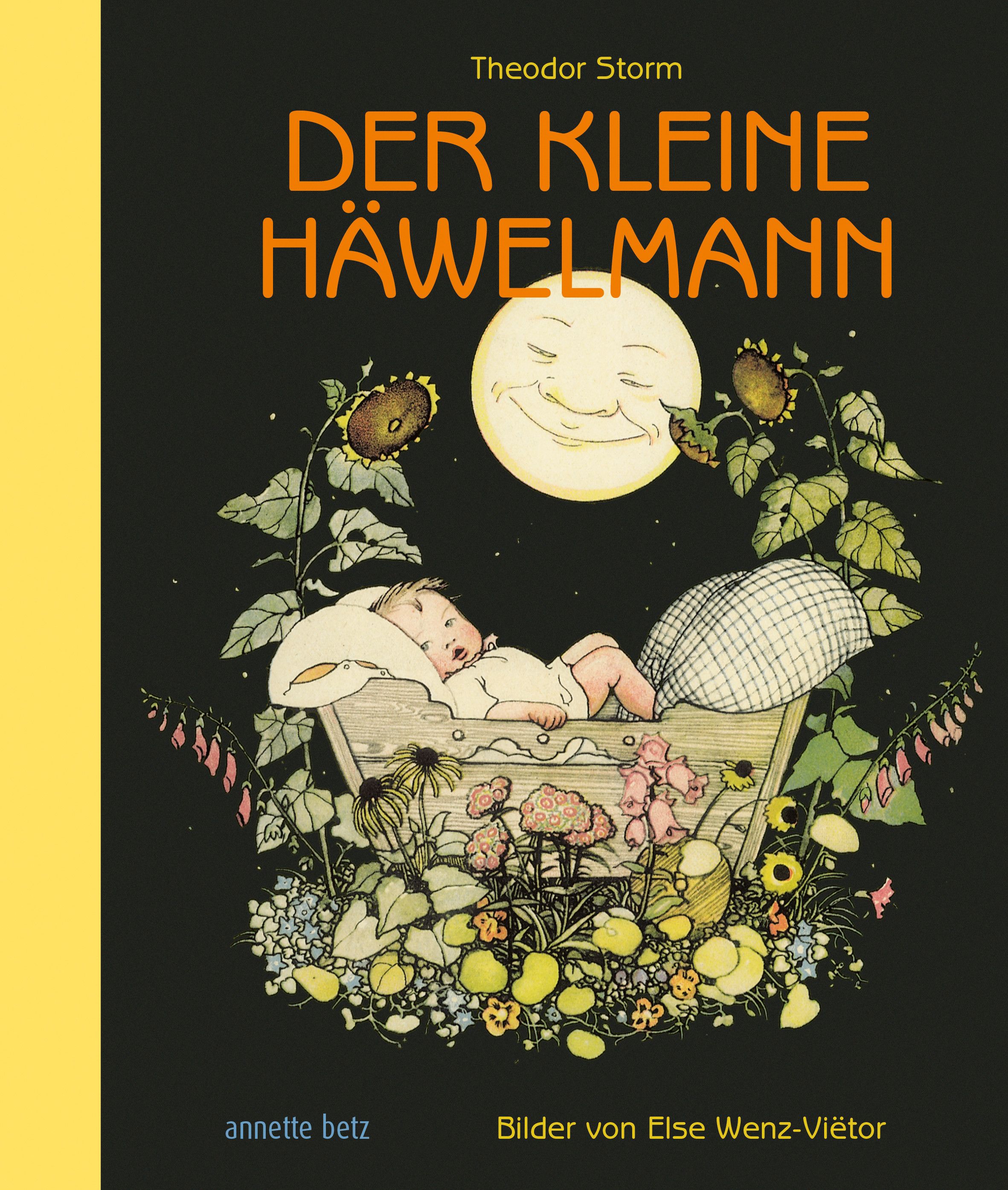 Buchcover mit Titel "Der kleine Häwelmann". Illustration eines Babys in einer Wiege, umgeben von Blumen und einem Mond.