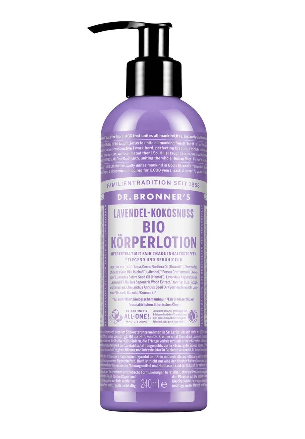 Flasche Dr. Bronner's Bio-Körperlotion Lavendel-Kokosnuss mit Spender. Lila Etikett mit Text und Logo.