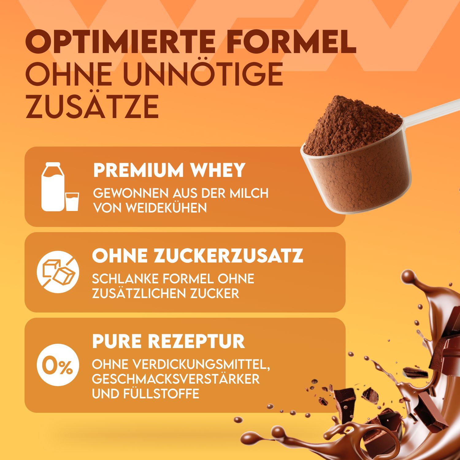 Braunes Pulver in Messlöffel. Text: Premium Whey, ohne Zuckerzusatz, Pure Rezeptur. Hintergrund: orangefarben.