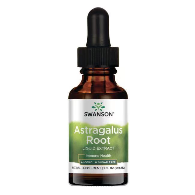 Braune Glasflasche mit schwarzem Tropfer. Etikett mit "SWANSON Astragalus Root Liquid Extract".