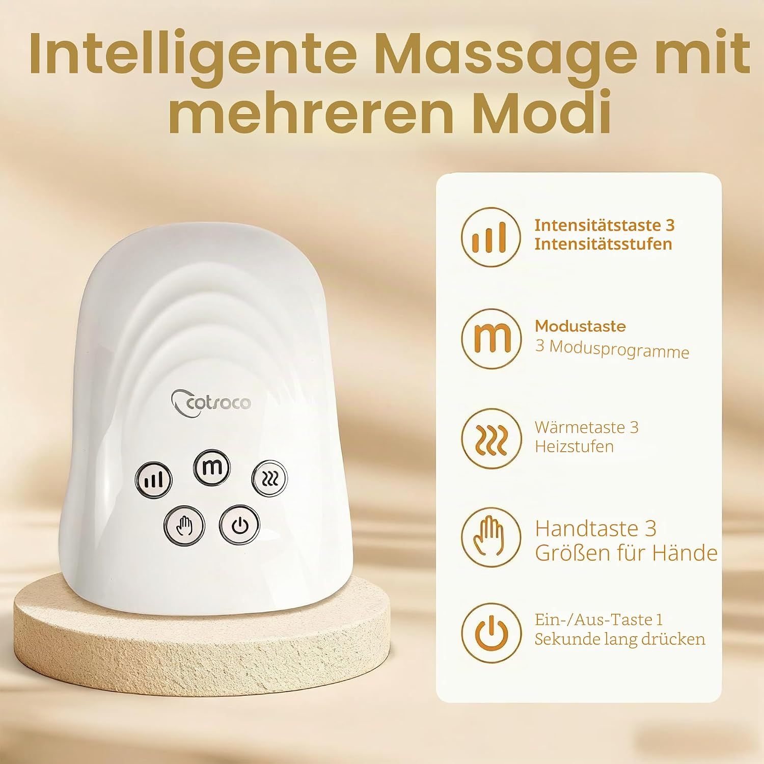 Frau mit Kniebandage, die auf einem Laptop tippt. Anzeige von Vibrations- und Heizmodi.