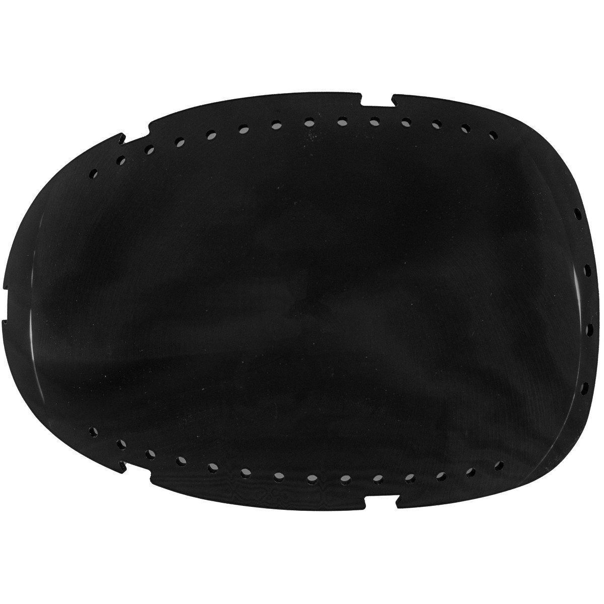 Schwarzes, ovales Brillenglas mit Löchern am Rand.