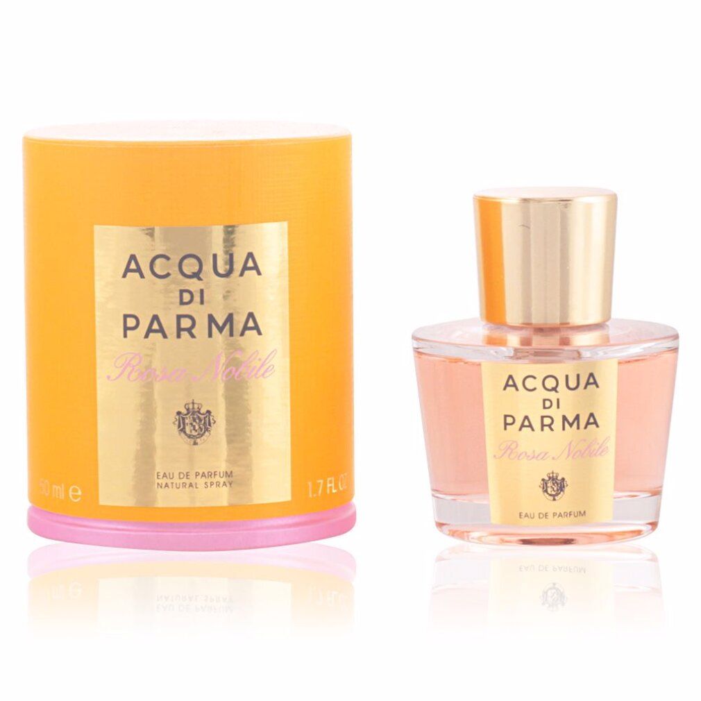 Parfümflakon und Verpackung. Goldfarbener Deckel, rosa Flüssigkeit. Aufschrift: Acqua di Parma Rosa Nobile.