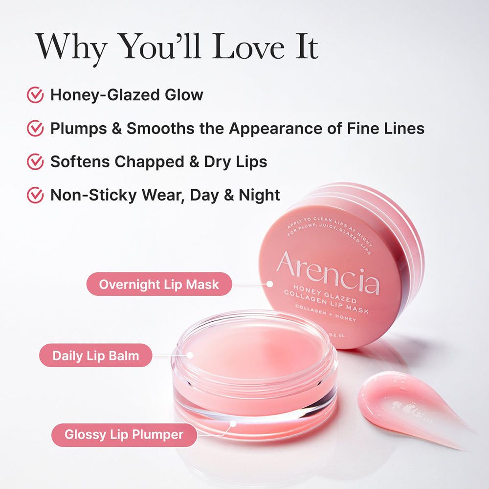 ARENCIA Lippenmaske: Dose und offener Behälter mit rosa Lippenmaske.