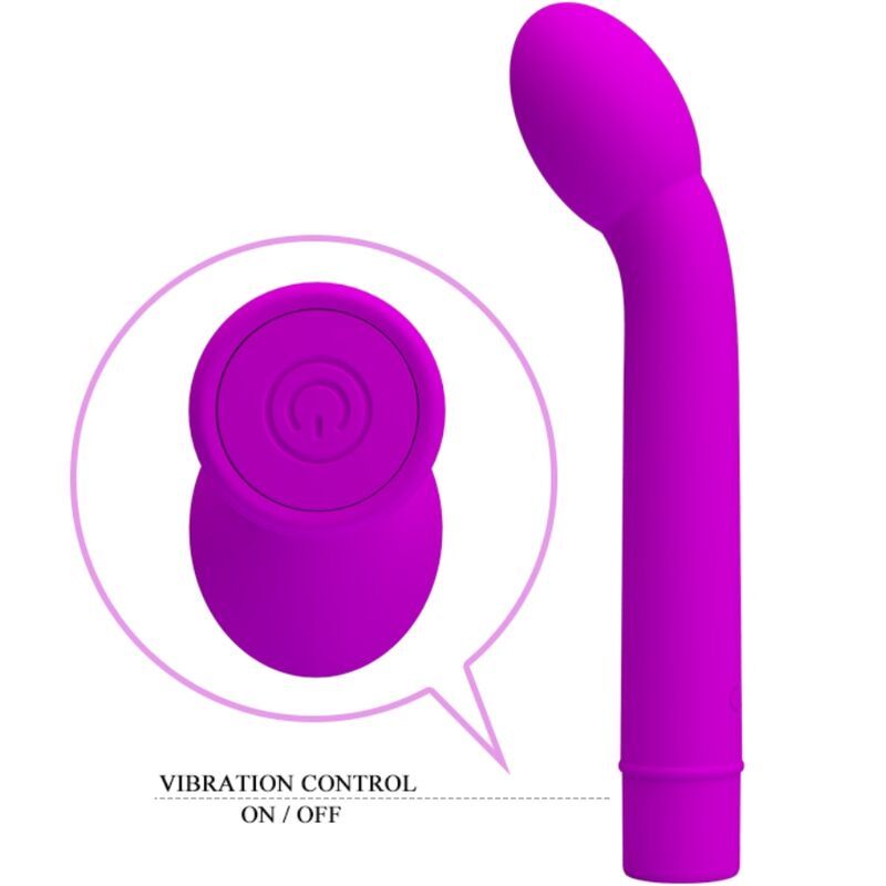 Lila Vibrator mit gebogener Form. Abgebildet ist ein Bedienfeld mit Ein-/Ausschalter. Material: Silikon.