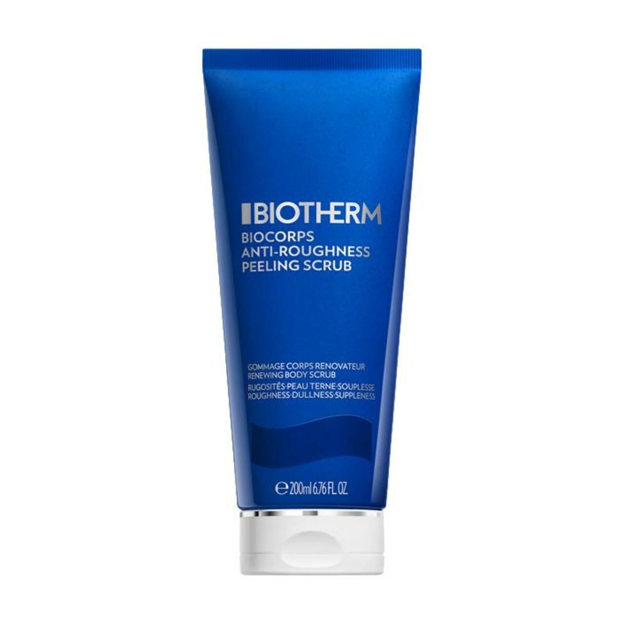 Blaue Tube mit weißem Verschluss. Aufschrift: Biotherm, Biocorps Anti-Roughness Peeling Scrub.