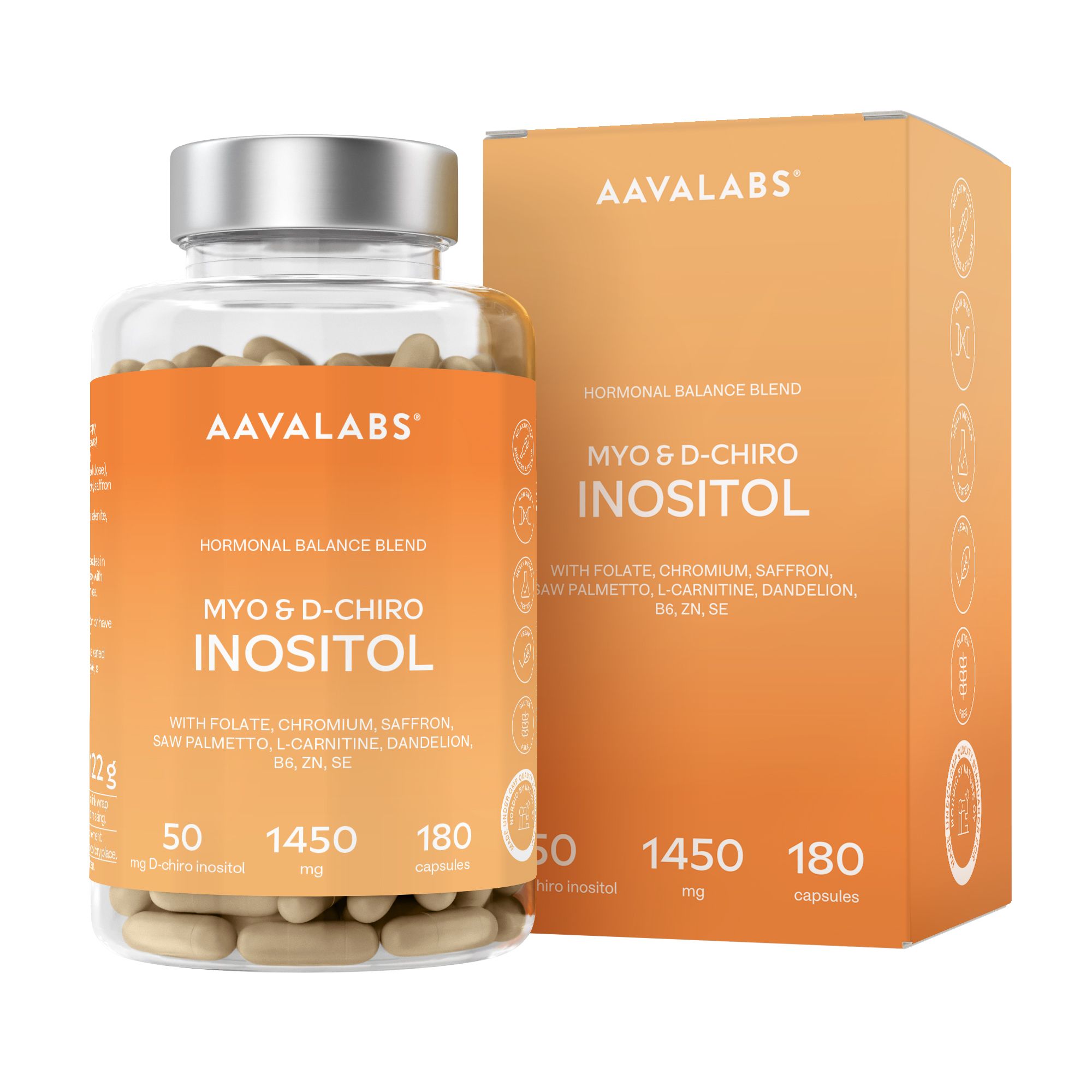 Aavalabs Myo- & D-Chiro Inositol 28:1 | B6, Folat, Chrom, Zink und Selen Vegan, Hormonelle Balance 180 St Kapseln