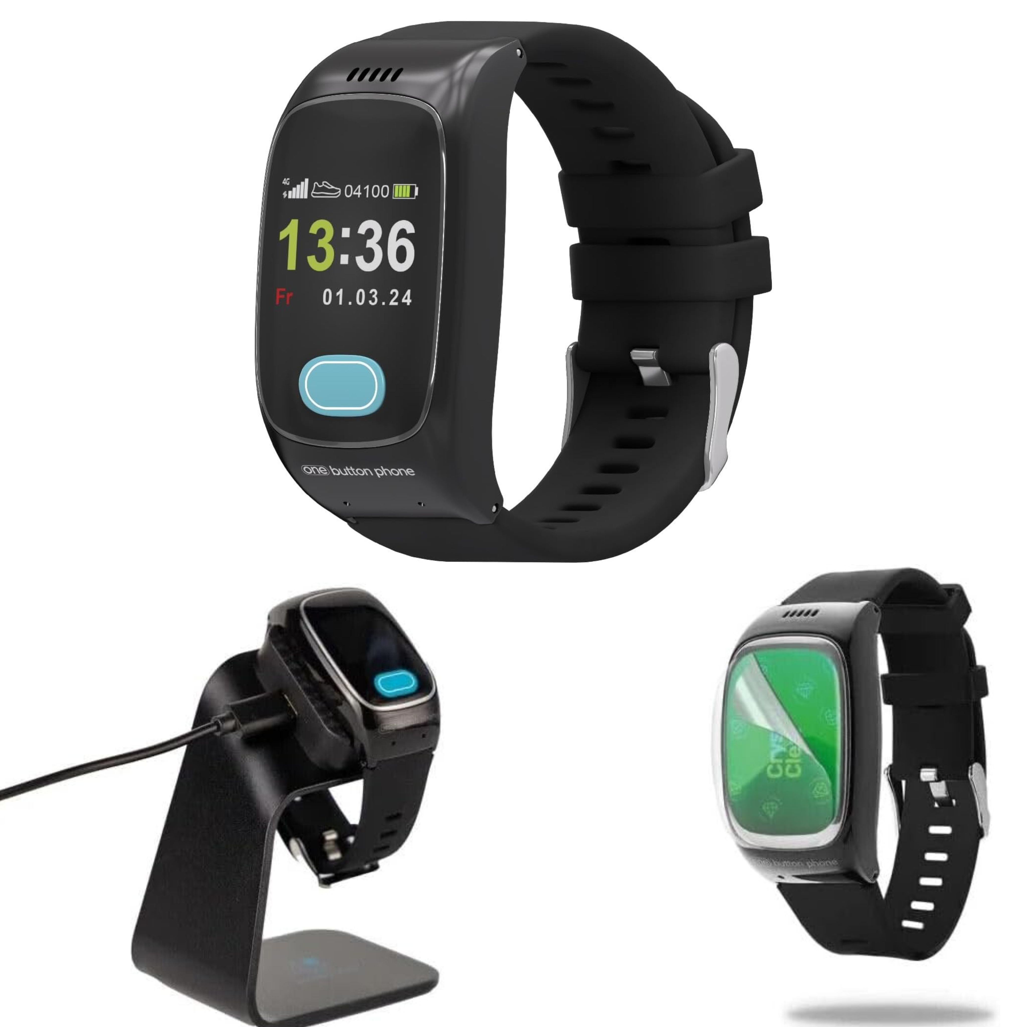 Schwarze Smartwatch mit blauem Knopf, Ladestation und Displayschutzfolie. Uhr zeigt Uhrzeit und Datum. Zubehör: Ladestation.