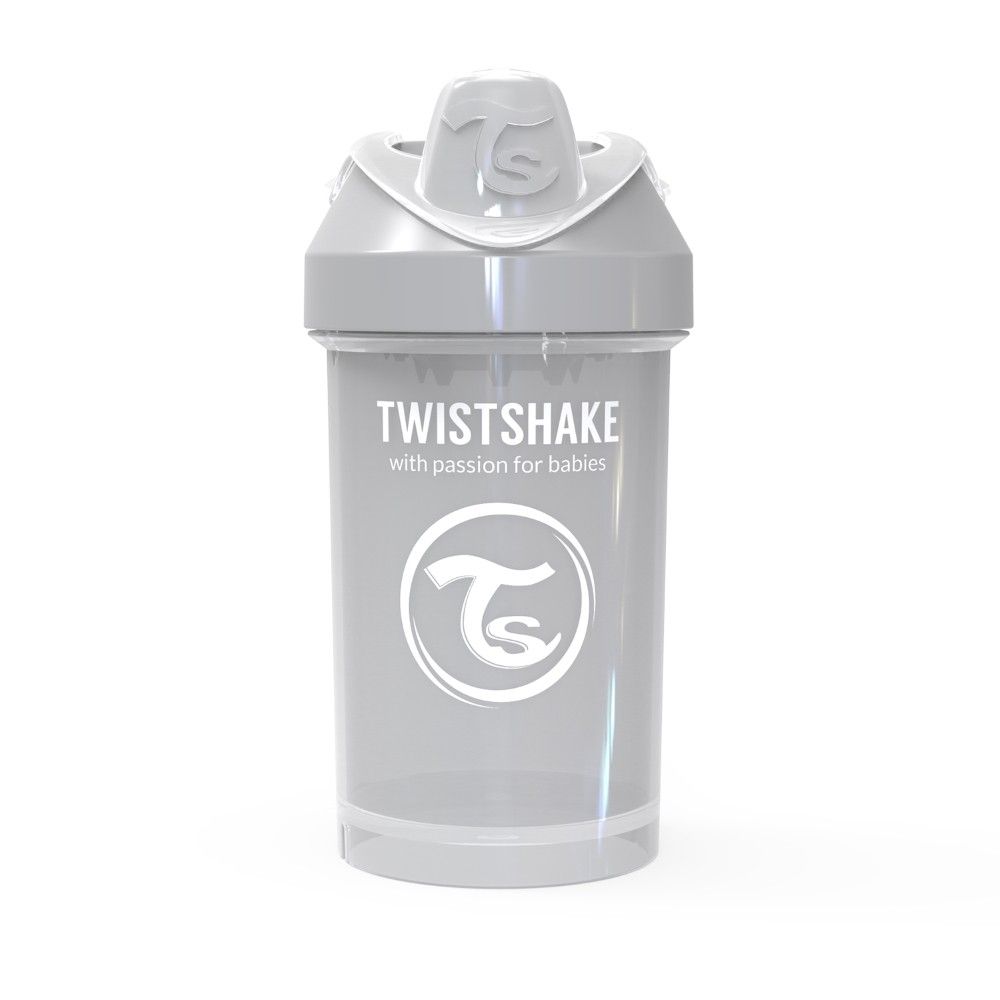 Grauer Trinkbecher mit Deckel und Logo. Schriftzug: TWISTSHAKE with passion for babies.