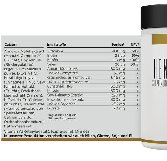 Rückseite einer HBN Supplements Hair Care Dose mit detaillierter Nährwerttabelle und Zutatenliste. Weiße Dose mit schwarzem Deckel.