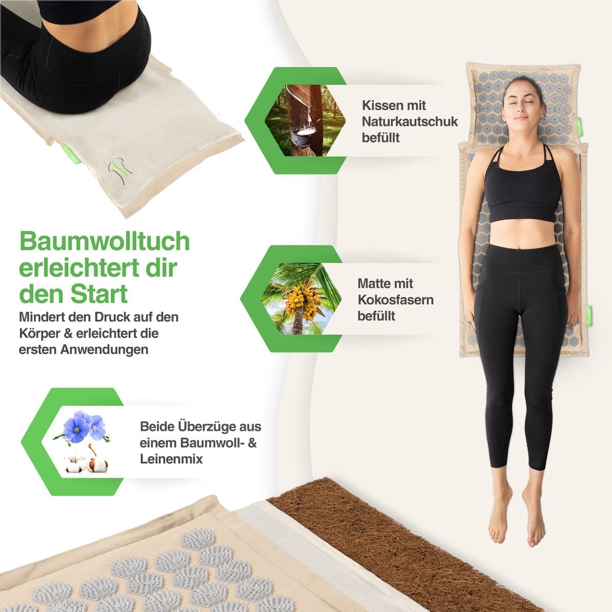 Akupressurmatte und Kissen. Text: Baumwolltuch erleichtert dir den Start. Kissen mit Naturkautschuk gefüllt. Matte mit Kokosfasern gefüllt.