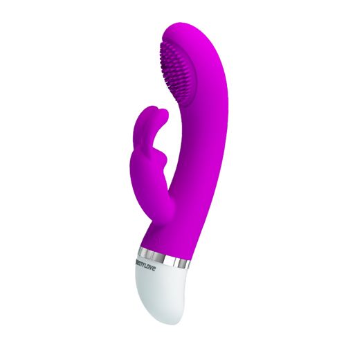 Lila Vibrator mit weißem Griff. Der Kopf hat eine strukturierte Oberfläche. Der Griff hat einen silbernen Ring und den Schriftzug "PRETTY LOVE".