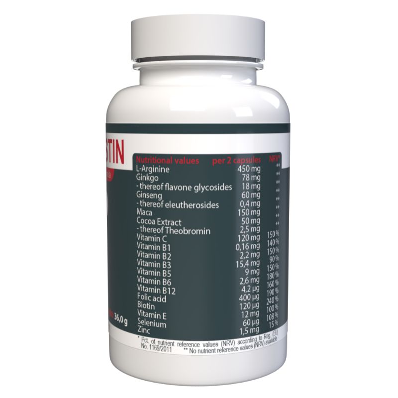 Rückseite der weißen Flasche mit Nährwertangaben. Auflistung von Inhaltsstoffen wie L-Arginin, Ginseng, Vitaminen und Mineralien.