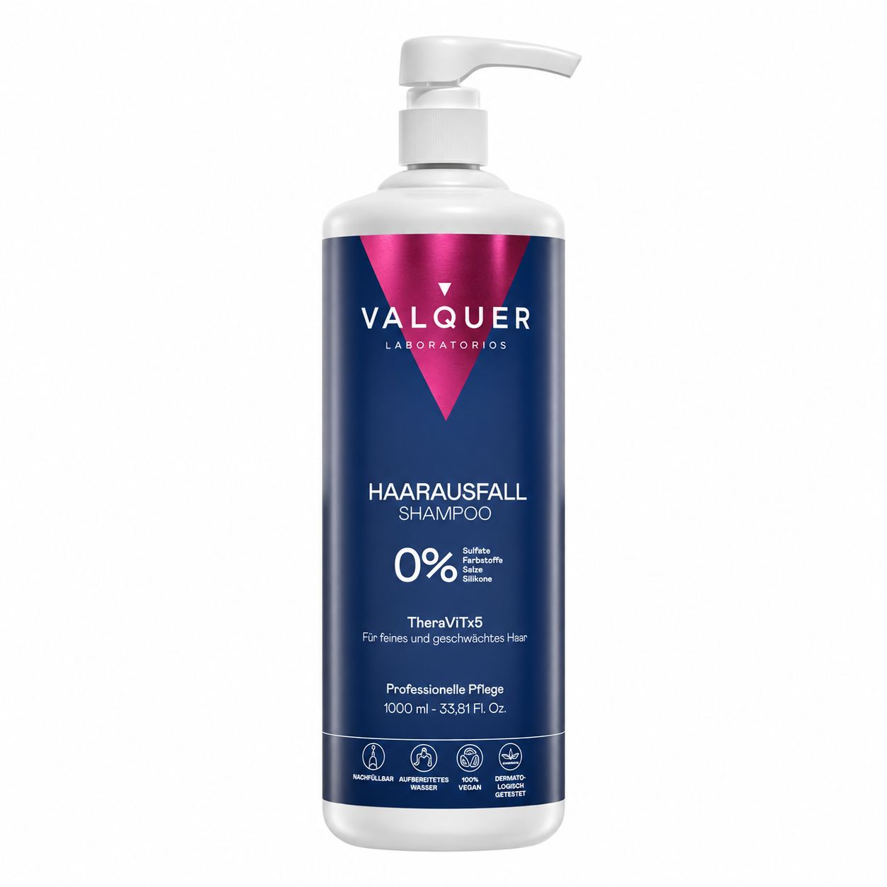 Große Flasche VALQUER LABORATORIOS Haarausfall Shampoo mit Pumpspender.