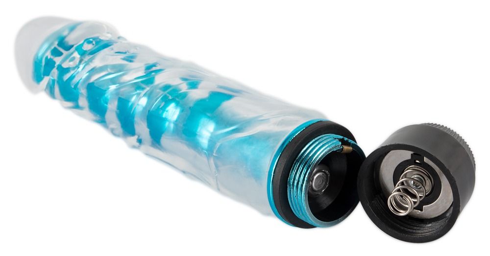 Vibrator mit abgenommenem Batteriefach. Der Vibrator ist transparent mit blauem Kern. Schwarzer Sockel, blaue Dichtungsringe, Feder sichtbar.