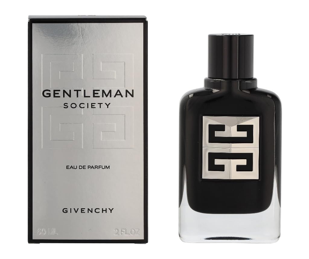 Schwarze Parfumflasche und Schachtel. Auf der Flasche und Schachtel steht "GENTLEMAN SOCIETY" und "GIVENCHY".
