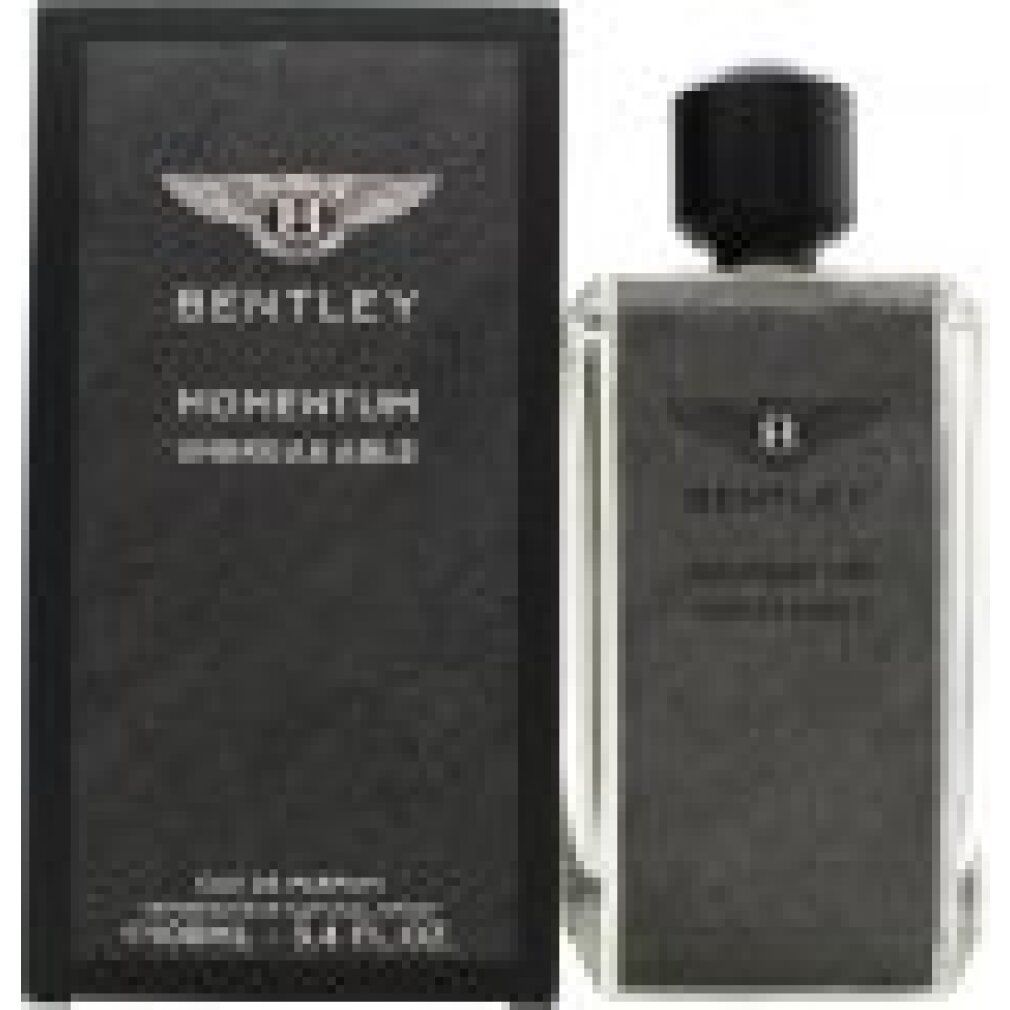 Bentley Momentum Unbreakable EdP Nat. Spray. Schwarzer Flakon und Verpackung. Logo und Schriftzug. Eckige Form.