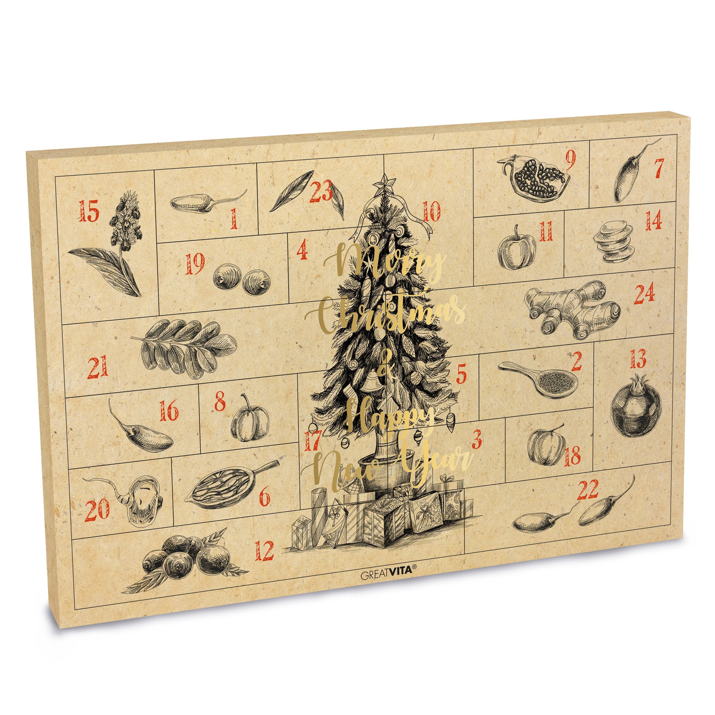 Adventskalender mit Illustrationen und Zahlen. Goldener Schriftzug: Merry Christmas & Happy New Year. Marke: GreatVita.