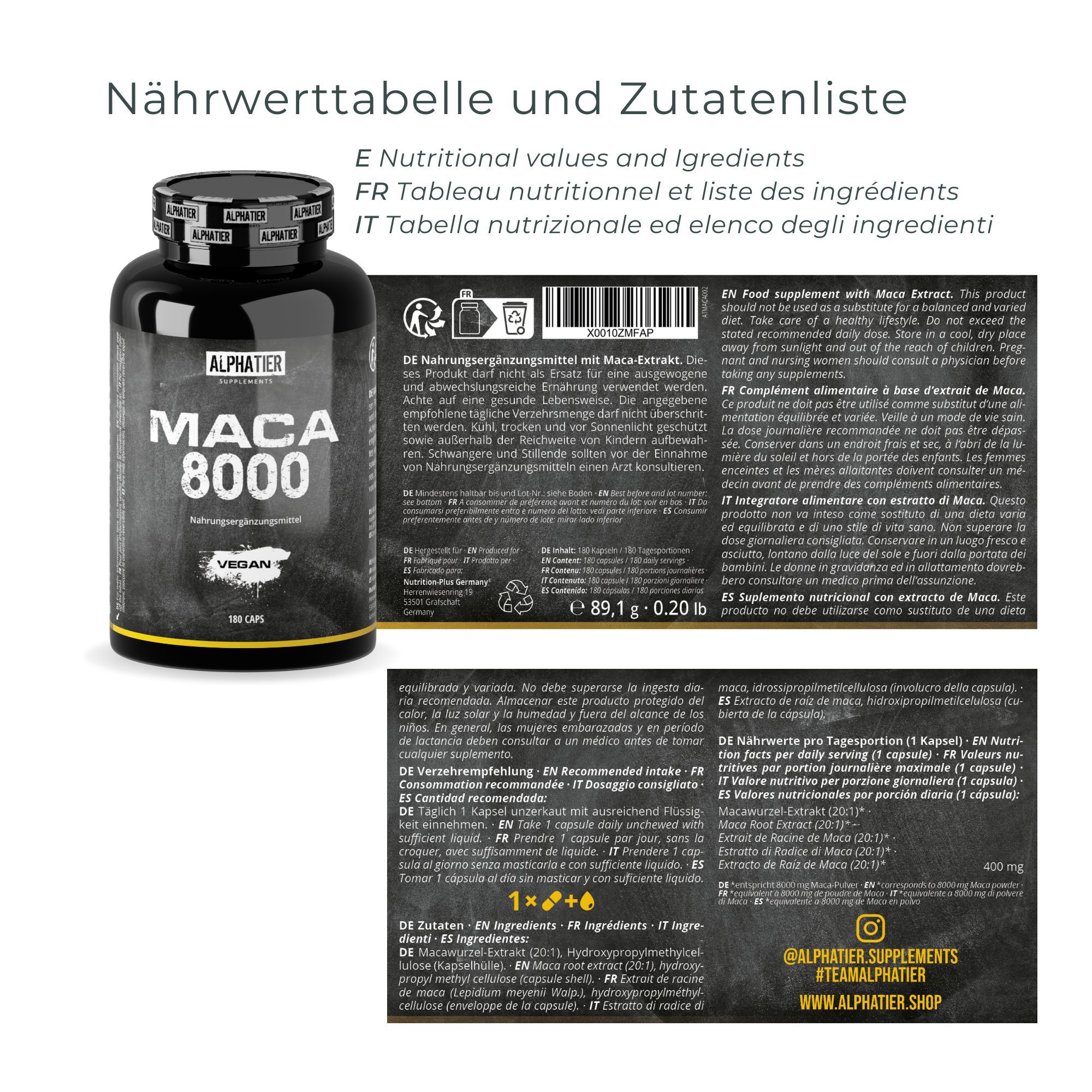 Alphatier Maca 8000 Flasche mit Etikett. Aufschrift: Maca 8000, vegan, 180 Kapseln. Rückseite mit Nährwerttabelle und Zutatenliste.
