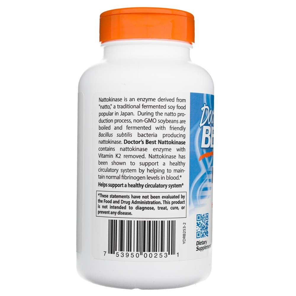 Rückseite einer Flasche Doctor's Best Nattokinase mit Produktbeschreibung und Barcode. Vegan.