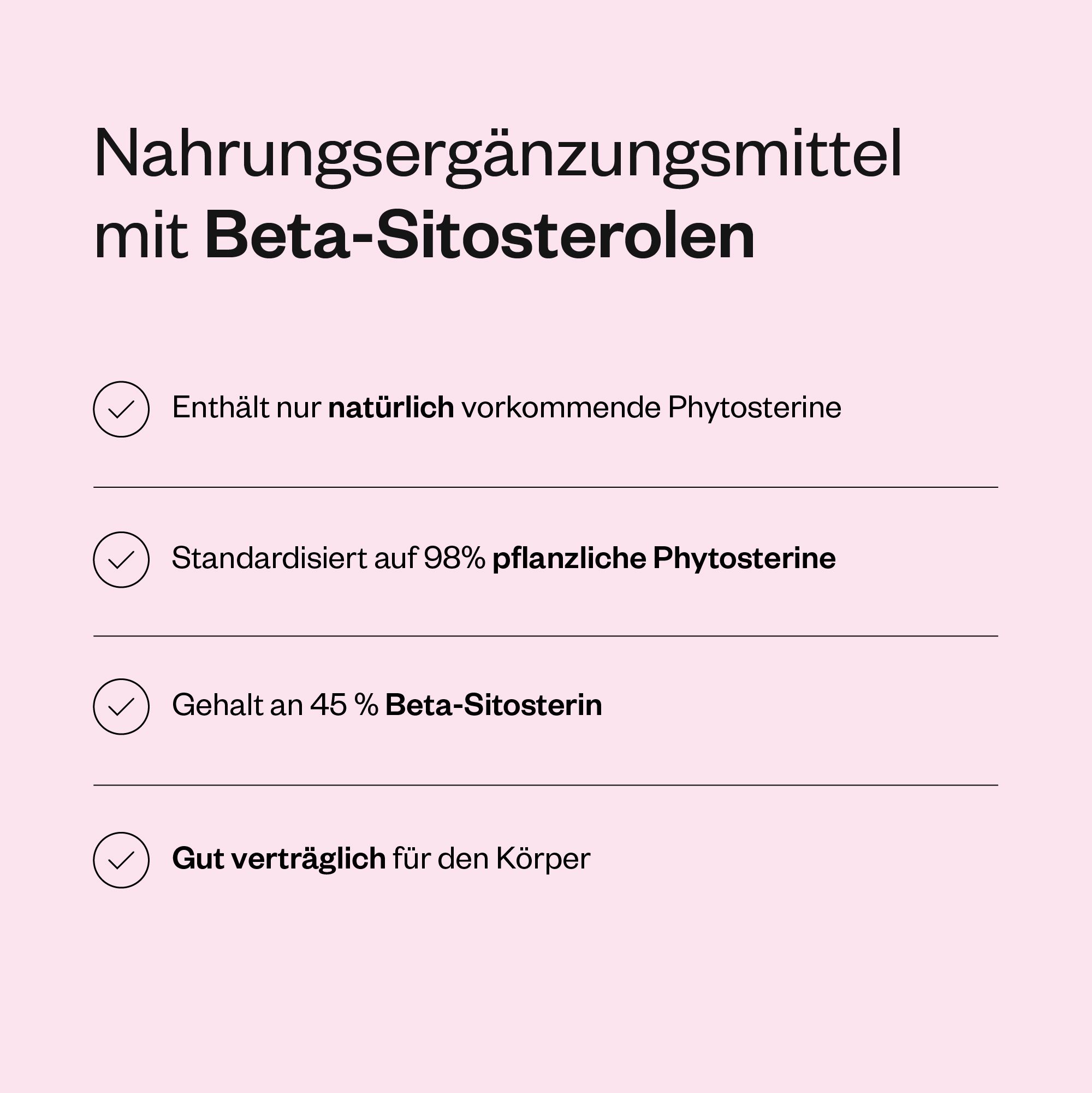 Grafik mit Informationen zu Beta-Sitosterol. Enthält Informationen über die Zusammensetzung und Vorteile. Text: Beta-Sitosterolen.
