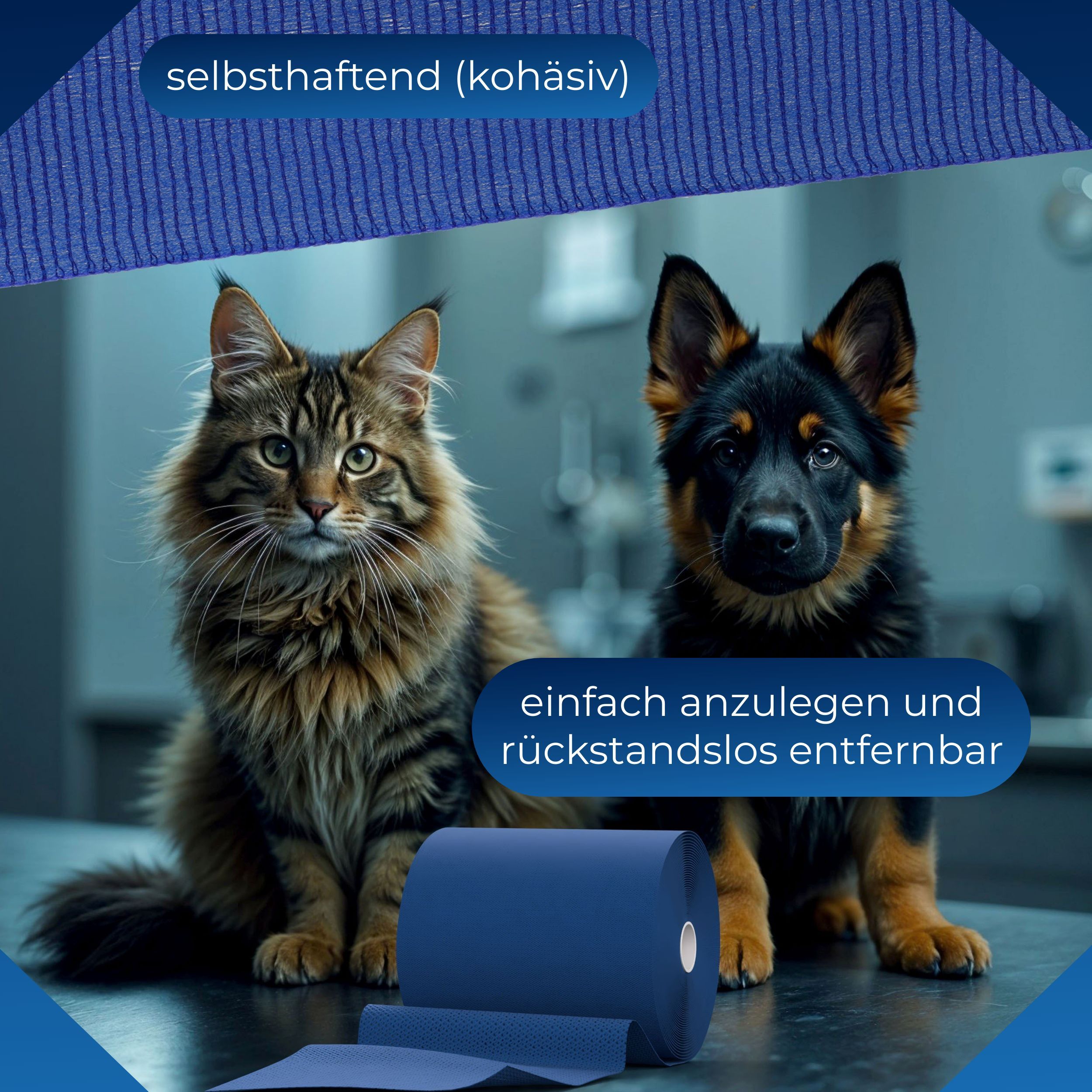 Blaues Verbandmaterial, Rolle. Text: selbsthaftend (kohäsiv). Einfach anzulegen und rückstandslos entfernbar. Katze und Hund.