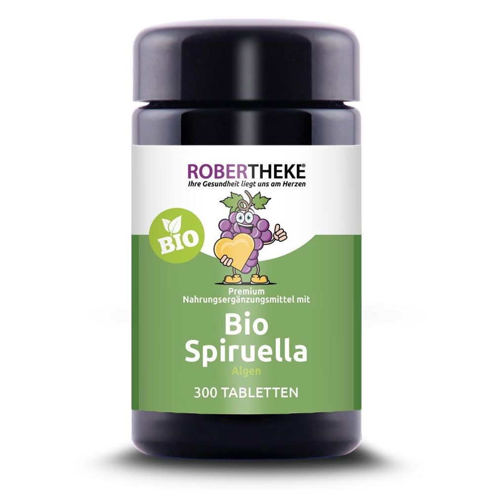 Dunkle Flasche mit schwarzem Deckel. Aufschrift: ROBERTHEKE, Bio Spiruella Algen, 300 Tabletten. Bio-Siegel.