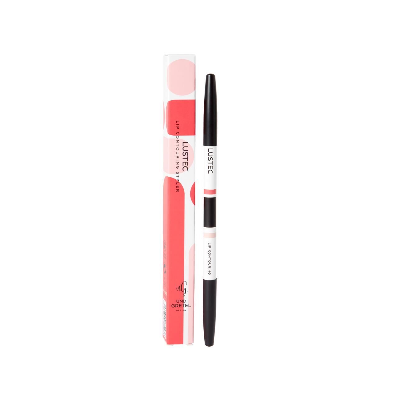 Lippenkonturenstift und Verpackung. Doppelstift mit rosa und beigen Spitzen. Marke LUSTEC. Verpackung mit Produktnamen.
