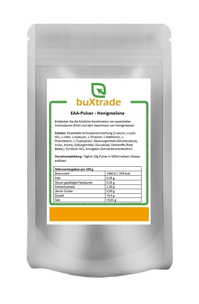 Beutel mit buXtrade EAA-Pulver Honigmelone. Aufdruck mit Produktinformationen und Nährwertangaben. Grün-weißes Etikett.