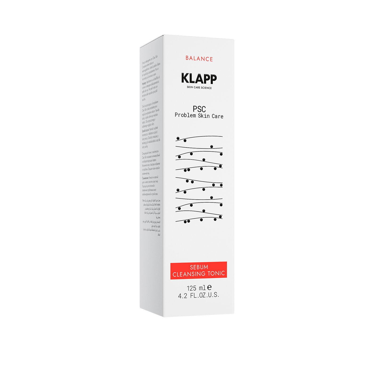Klapp PSC Problem Skin Care Sebum Cleansing Lotion. Weiße Verpackung mit Produktinformationen. 125 ml.