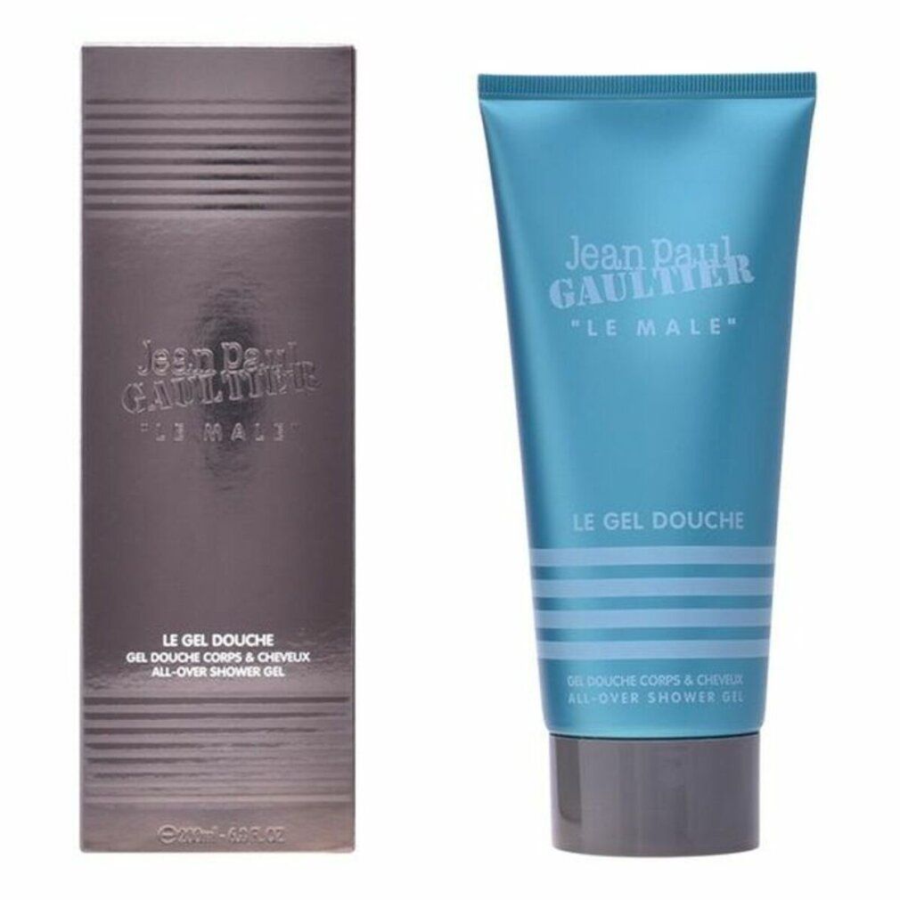 Produktverpackung und Tube. Marke Jean Paul Gaultier, Produktname Le Male Le Gel Douche. Türkisfarbene Tube, grauer Verschluss.