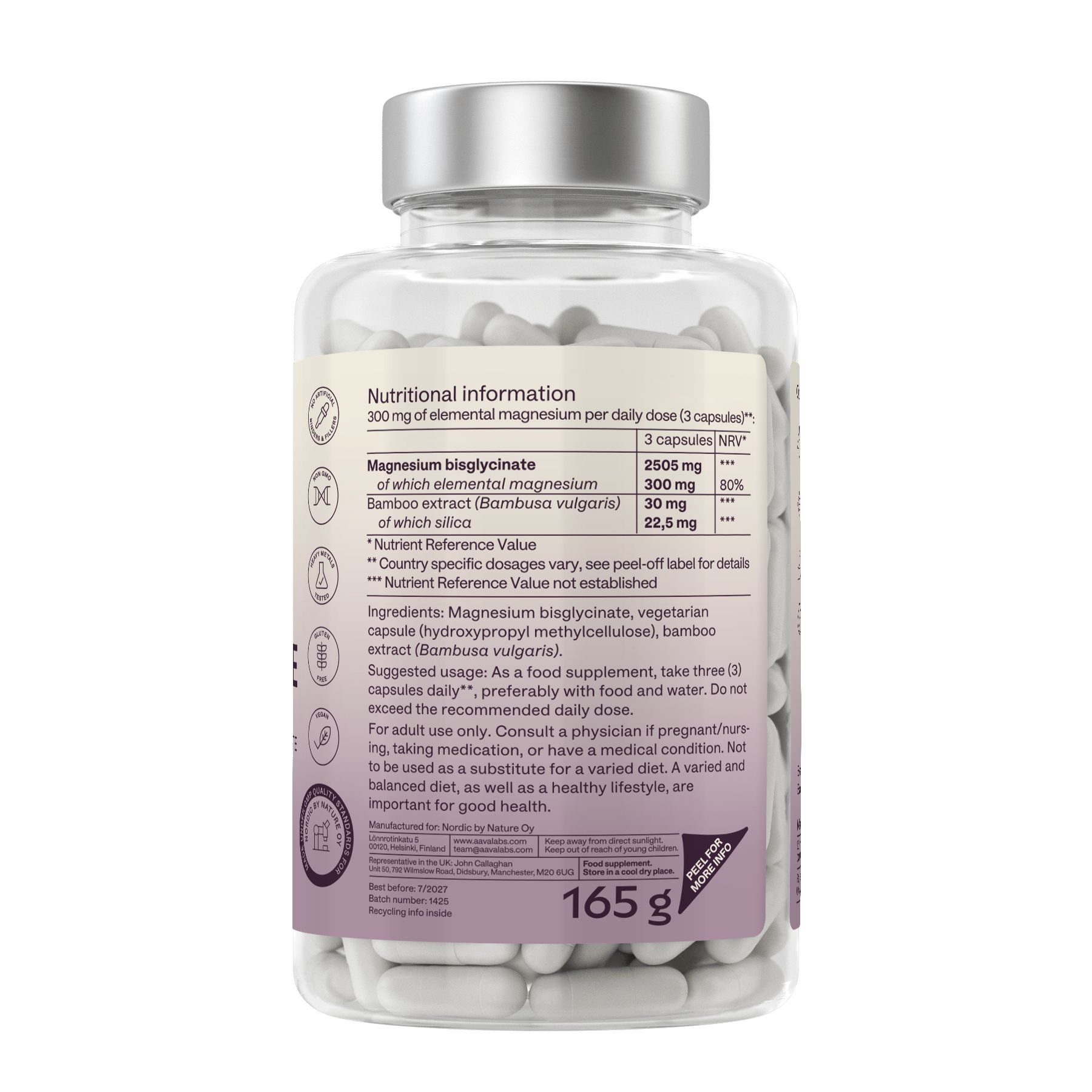 Rückseite der Flasche mit Kapseln. Informationen zu Inhaltsstoffen und Nährwerten.