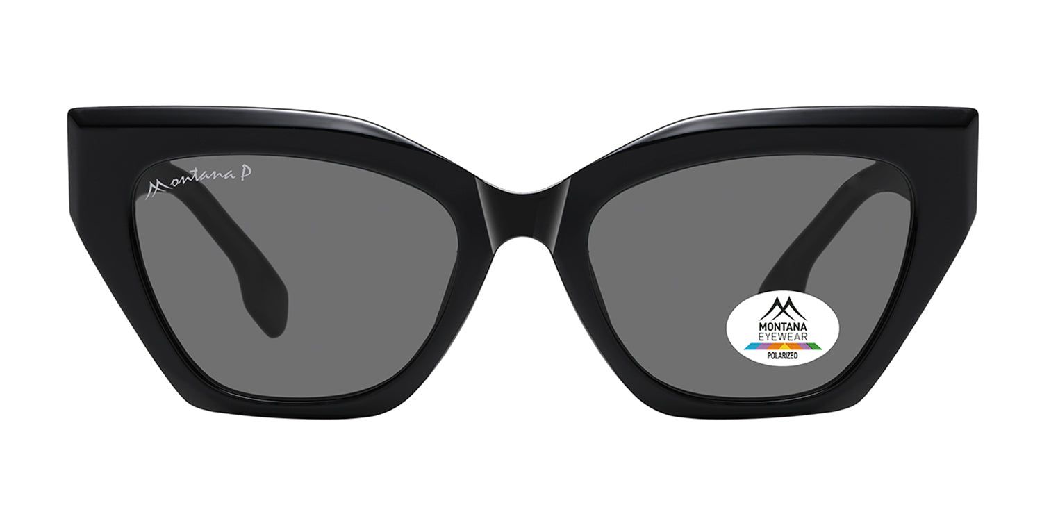 Schwarze Sonnenbrille mit grauen Gläsern. Katzenaugenform. Montana Eyewear Logo auf dem Bügel und Glas. Polarisiert.