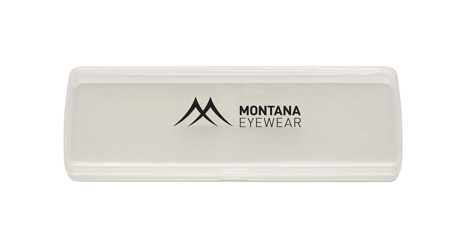 Weißes Brillenetui mit dem Logo und Schriftzug "MONTANA EYEWEAR".
