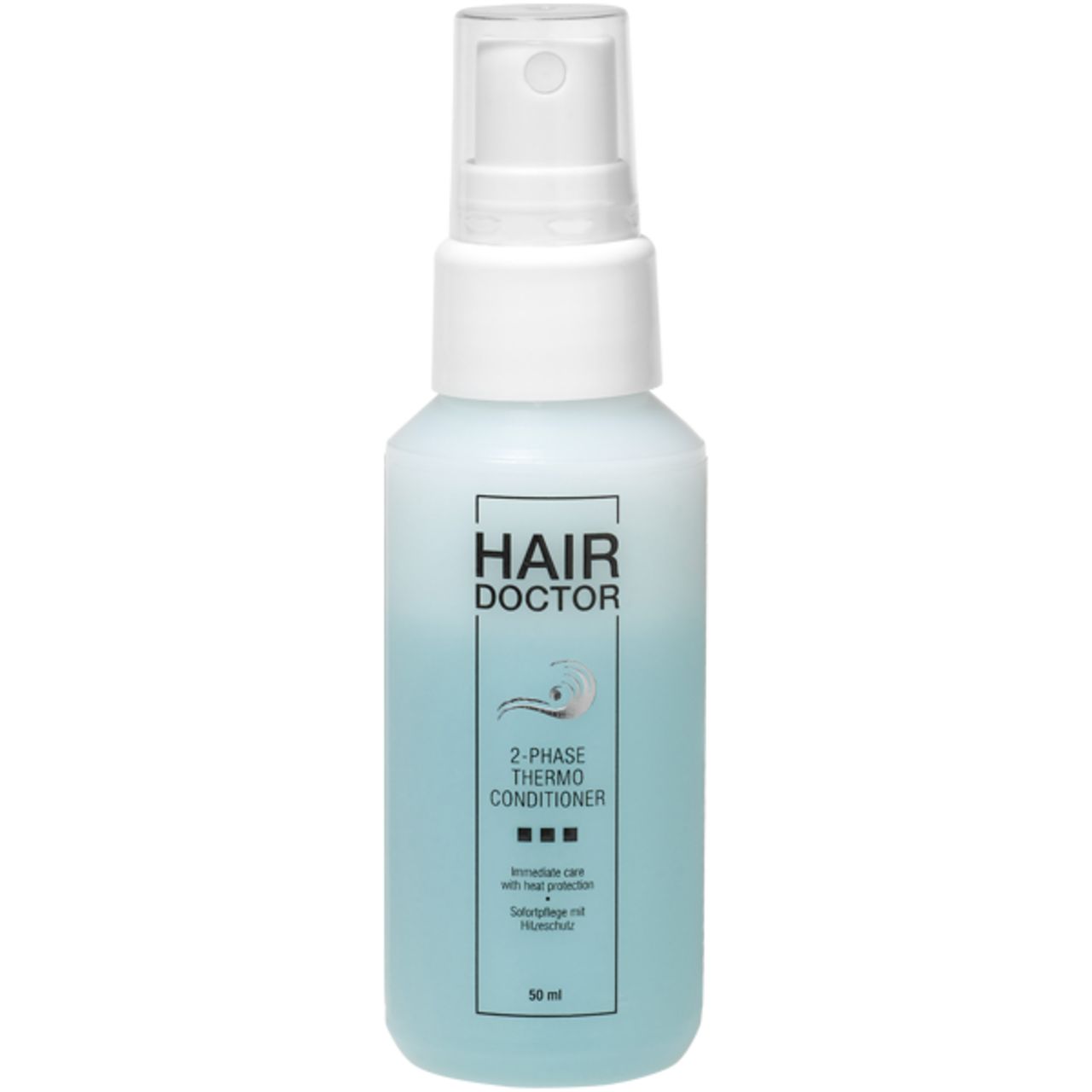 Flasche mit Sprühkopf. Beschriftung: Hair Doctor, 2-Phase Thermo Conditioner. Zweifarbige Flüssigkeit.