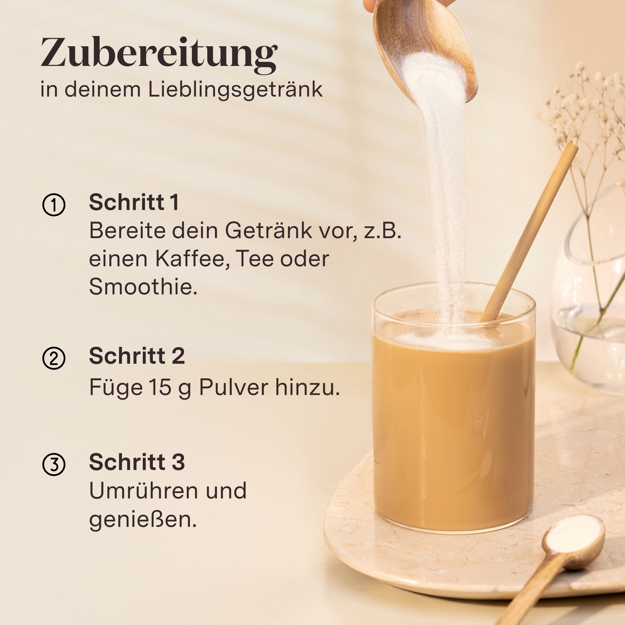Glas mit Getränk und Löffel. Text: Zubereitung in deinem Lieblingsgetränk. Schritte: 1. Getränk vorbereiten. 2. 15 g Pulver hinzufügen. 3. Umrühren und genießen.