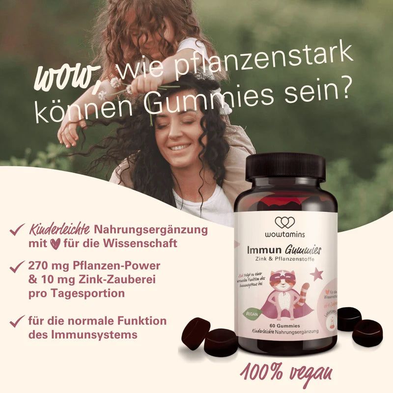 Infografik mit Text. Zeigt Vorteile von Immun Gummies. Für Kinder entwickelt, mit Geschmack, einfache Einnahme, vegan.