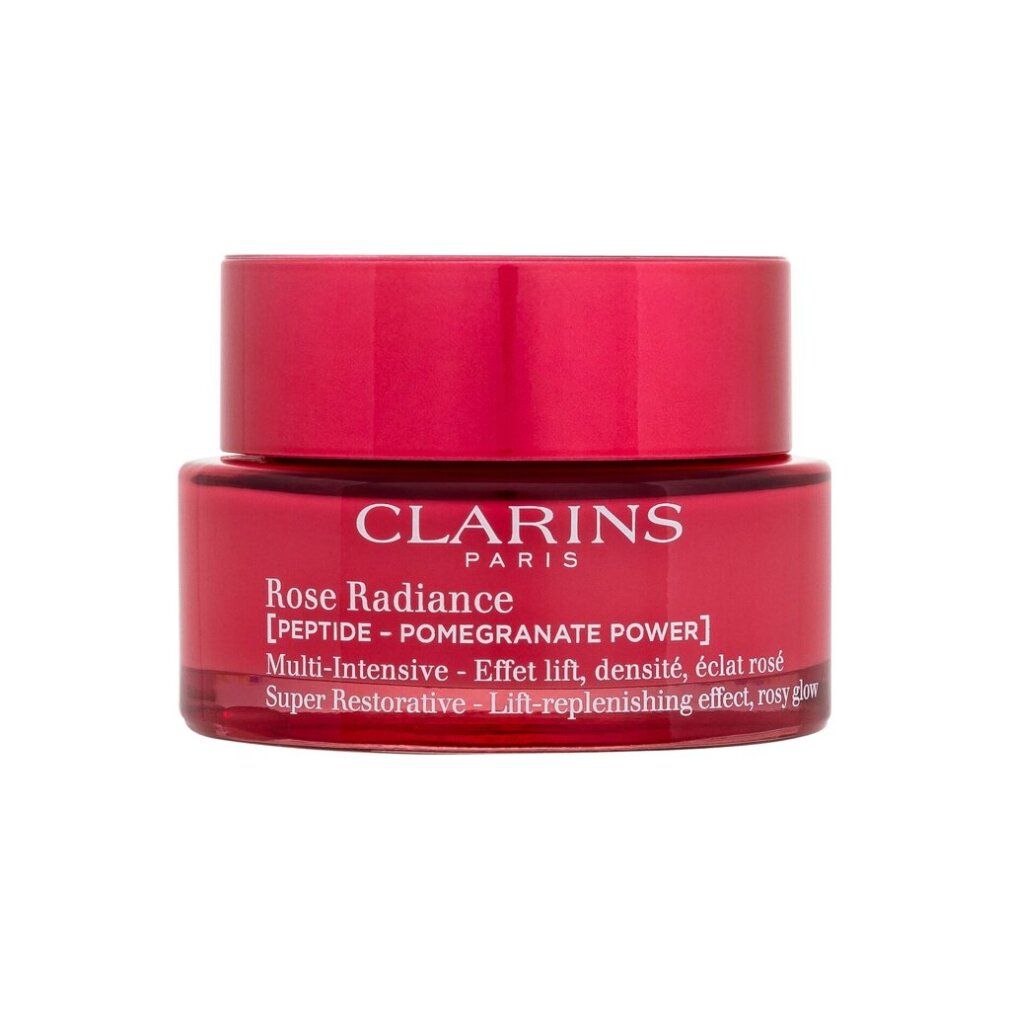 Rote Creme-Dose mit Deckel. Aufschrift: CLARINS PARIS, Rose Radiance, [PEPTIDE - POMEGRANATE POWER].