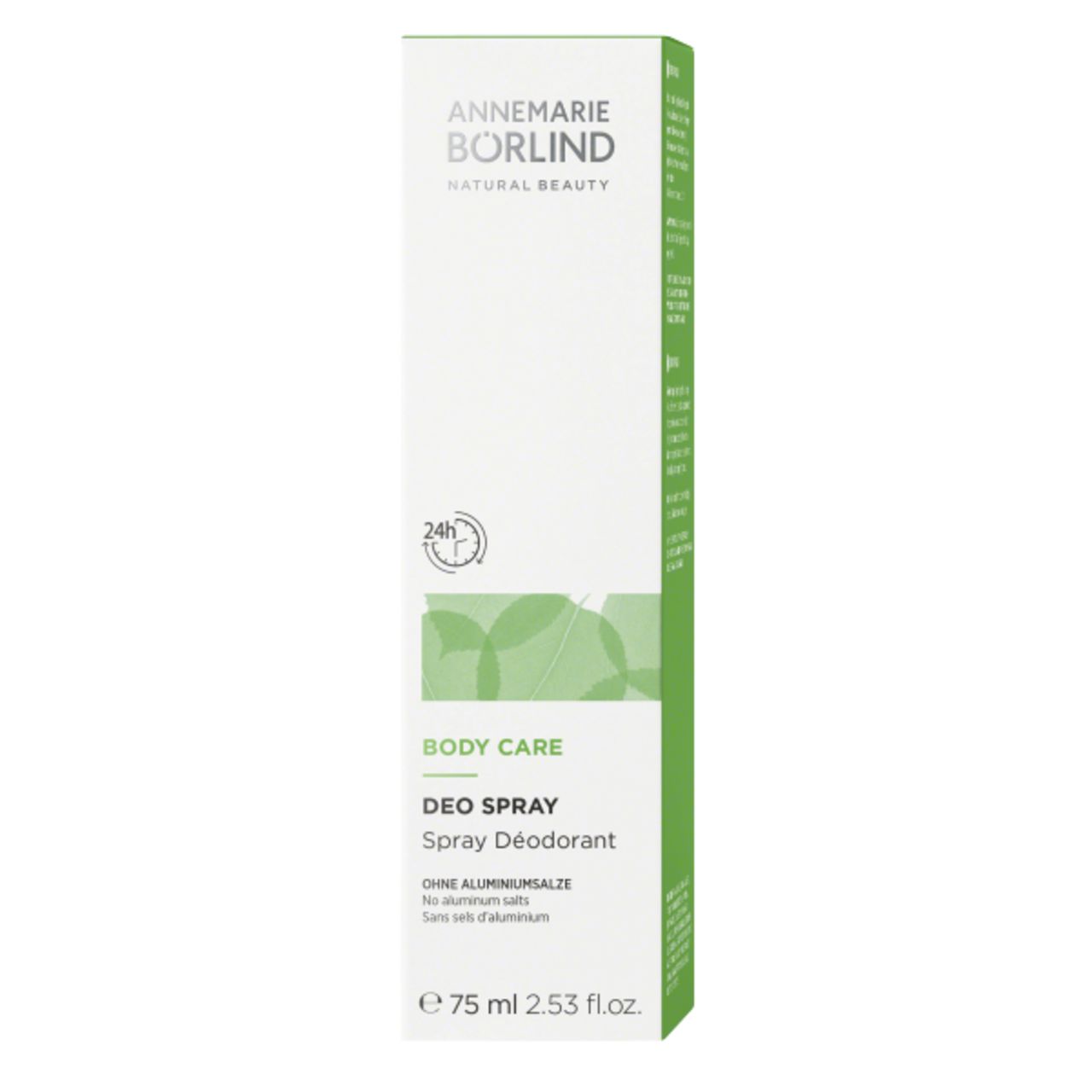 Deospray-Verpackung. Marke: ANNEMARIE BÖRLIND. Text: BODY CARE, DEO SPRAY, 75 ml, ohne Aluminiumsalze.