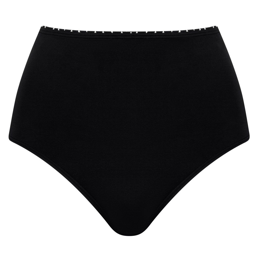 Schwarzer Bikini-Slip mit hohem Bund. Rückansicht. Weißes, gepunktetes Muster am oberen Rand.