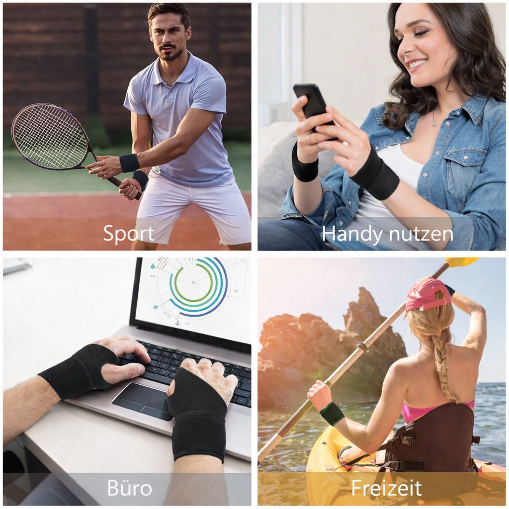 Vier Bilder zeigen die Handgelenkbandage in verschiedenen Alltagssituationen: Sport, Handy, Büro, Freizeit.