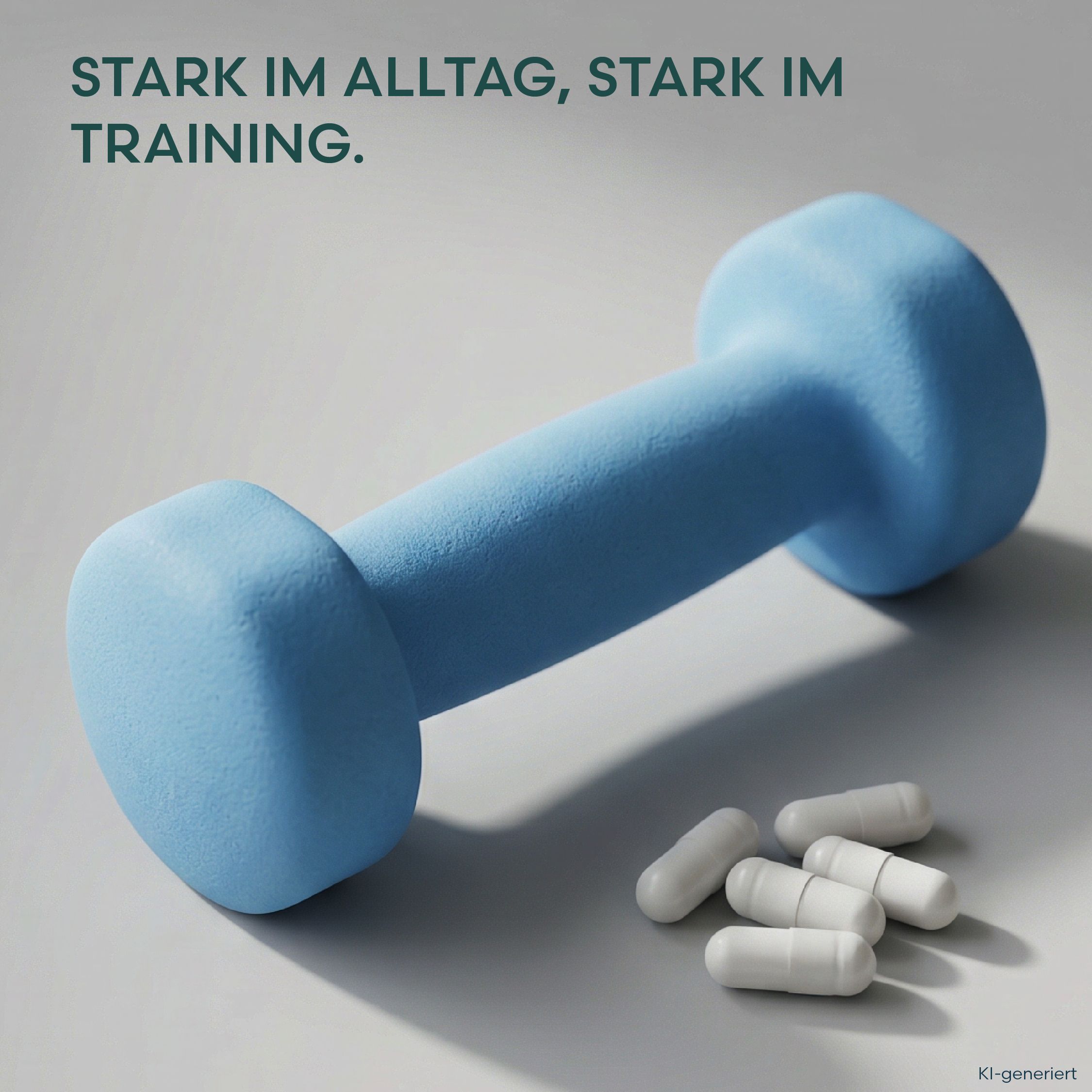 Blaue Hantel neben Kapseln auf grauem Untergrund. Text: Stark im Alltag, stark im Training.