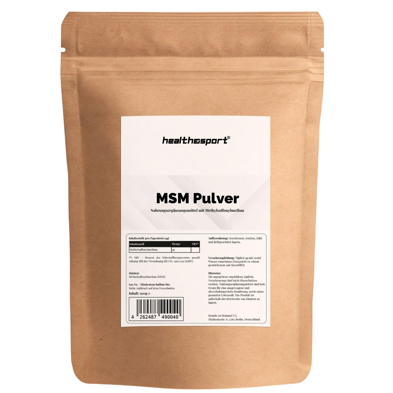 Beutel mit weißem Etikett. Aufschrift: healthsport, MSM Pulver. Braune Verpackung mit Informationen und Barcode.