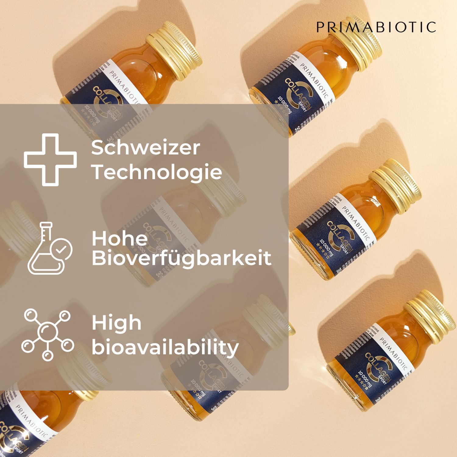 Mehrere Flaschen "PRIMABIOTIC COLLAGEN SPORT". Aufschrift: Schweizer Technologie, hohe Bioverfügbarkeit.