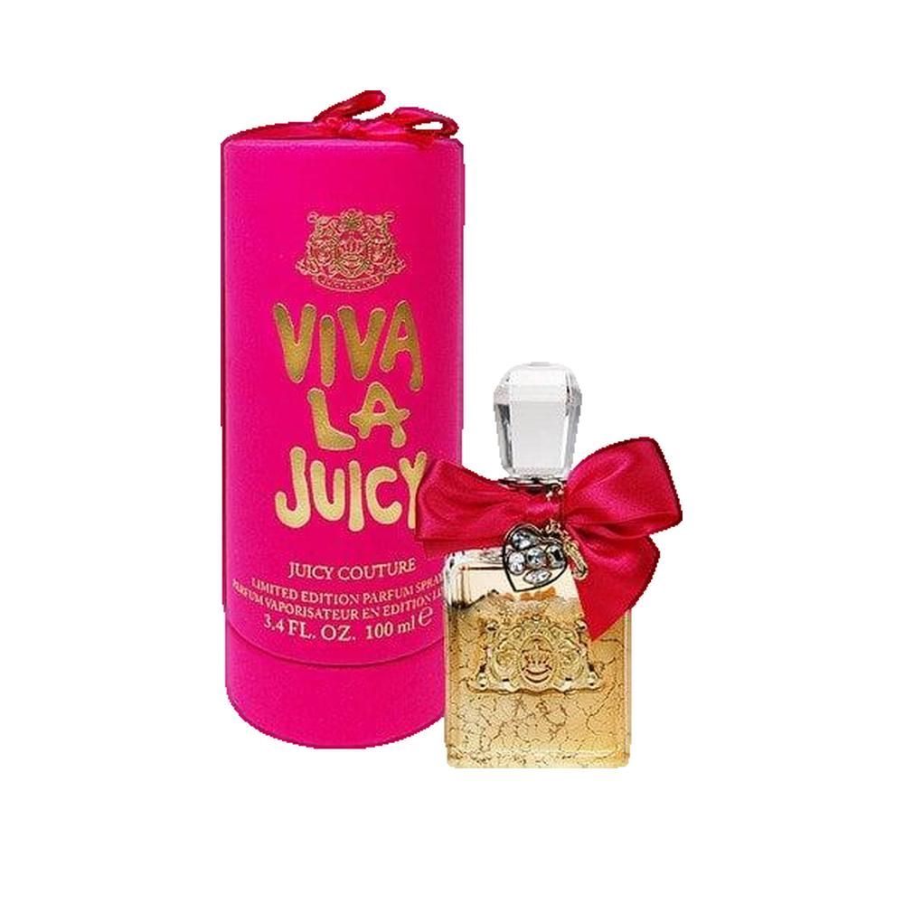 Zylindrische, rosa Verpackung mit goldener Schrift: Viva La Juicy. Rechteckiger Flakon mit roter Schleife. Kristallverschluss.