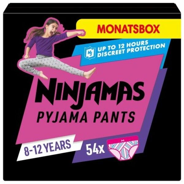 Schwarze Verpackung mit Ninjamas Pyjama Pants. Aufdruck: Mädchen, 8-12 Jahre, 54 Stück. Text: Bis zu 12 Stunden diskreter Schutz.