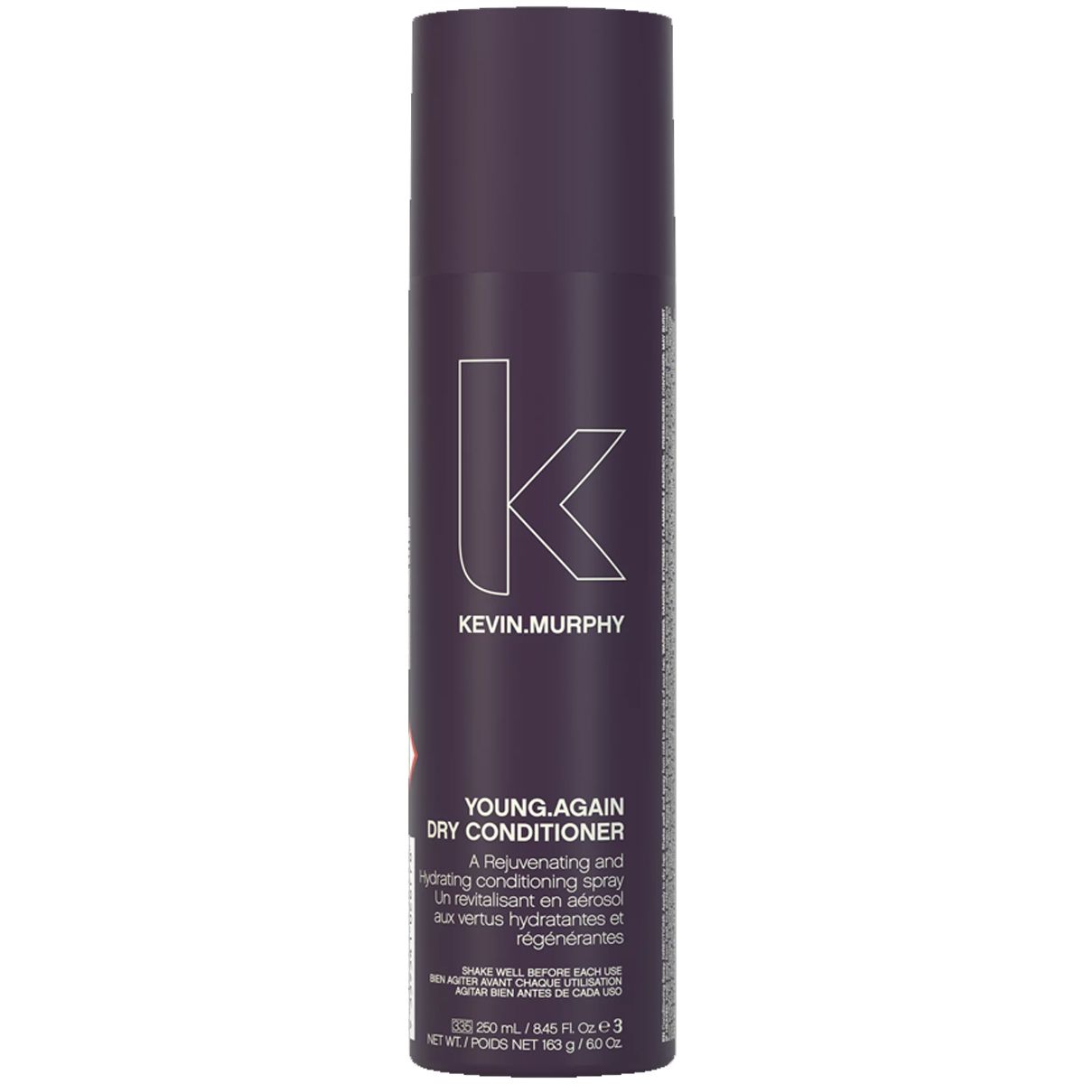 Lila Sprühbehälter mit weißem 'k'-Logo, 'YOUNG.AGAIN DRY CONDITIONER' und Anwendungshinweisen.