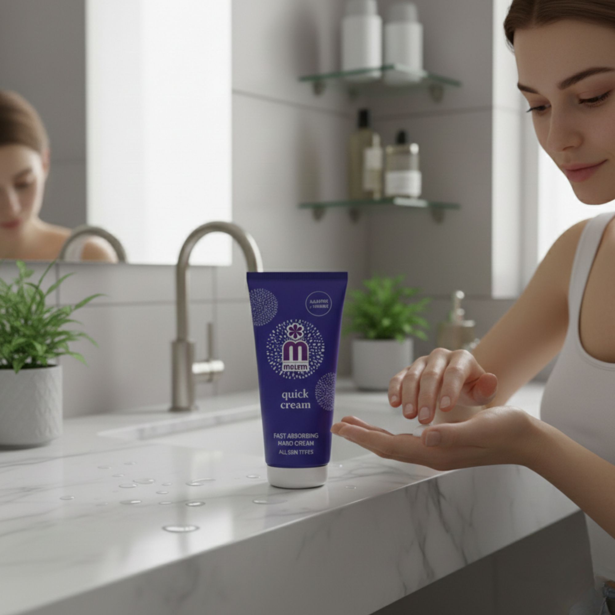 Frau hält Hand. Blaue Tube "melem quick cream". Text: "Fast absorbing hand cream". Enthält Allantoin und Vitamin E. Badezimmer-Hintergrund.